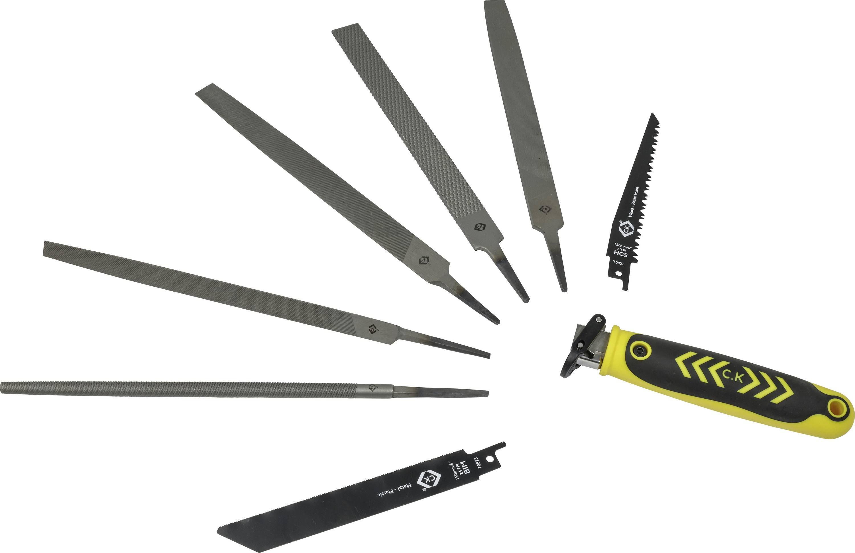 A set of various metal files and saw blades arranged in a semi-circle around a yellow and black handle, designed for interchangeable use.