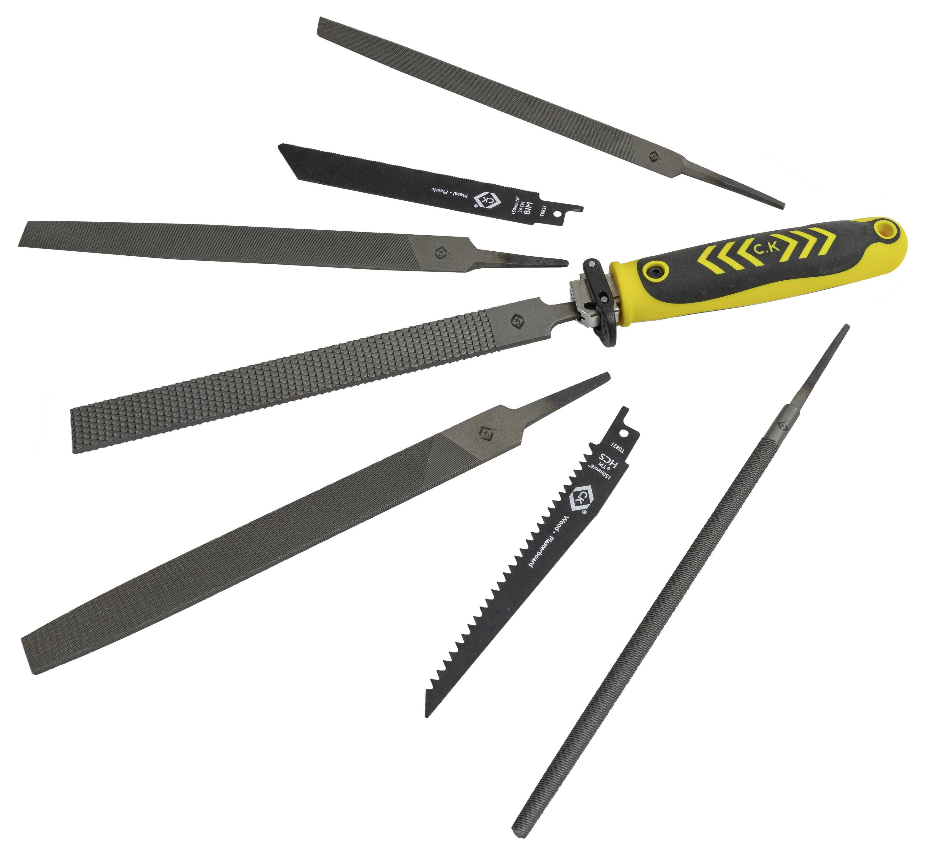 A yellow-handled tool with a file attached, surrounded by various interchangeable file and saw blades, showing versatility in applications.
