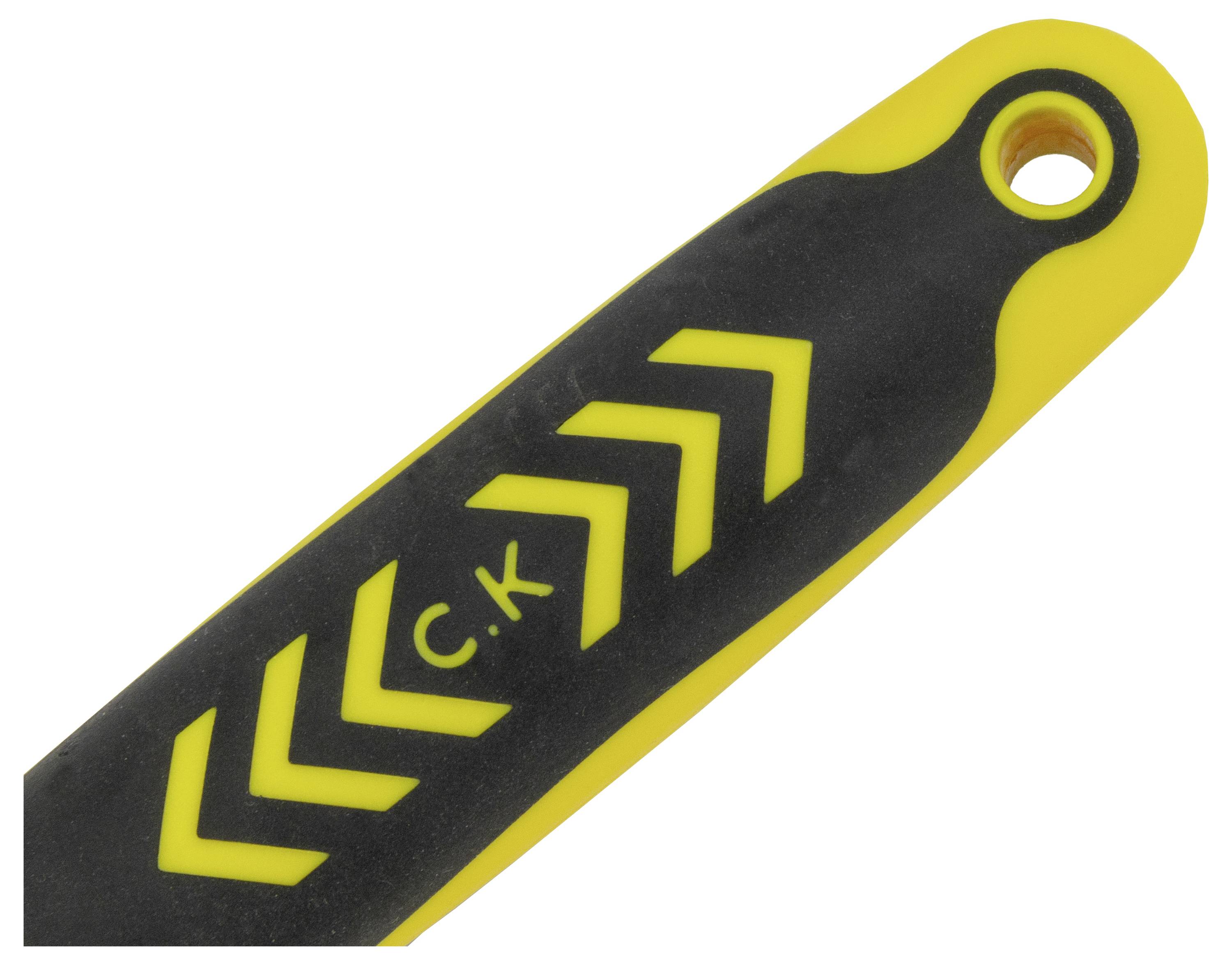 A black and yellow handle of a tool with the initials 'C.K' and three arrow designs.