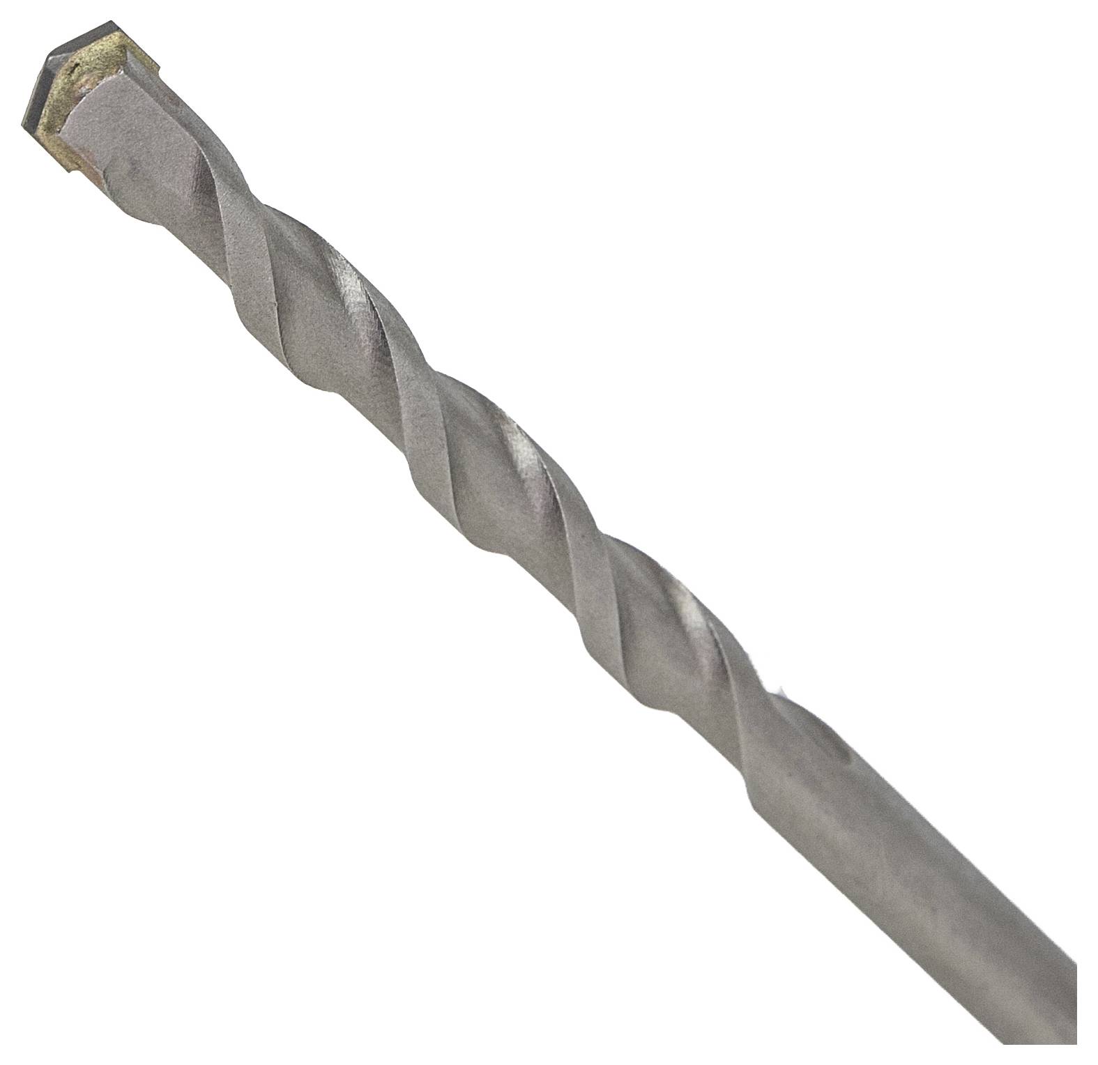 A close-up of a metal drill bit with a twisted design, used for drilling into hard materials.