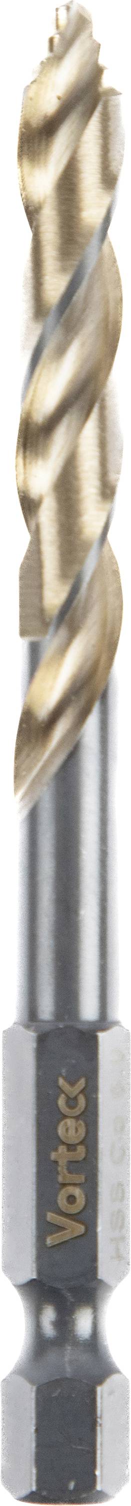 A close-up of a metal drill bit with a twisted design, used for cutting or boring holes in hard materials.