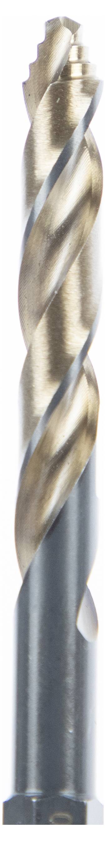 A close-up of a metal drill bit with a spiral design, viewed from the side, showing its sharp cutting edges and cylindrical shank.
