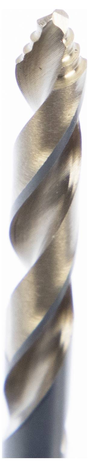 Close-up of a metallic drill bit showing its helical grooved design and shiny finish, used for creating holes in materials.