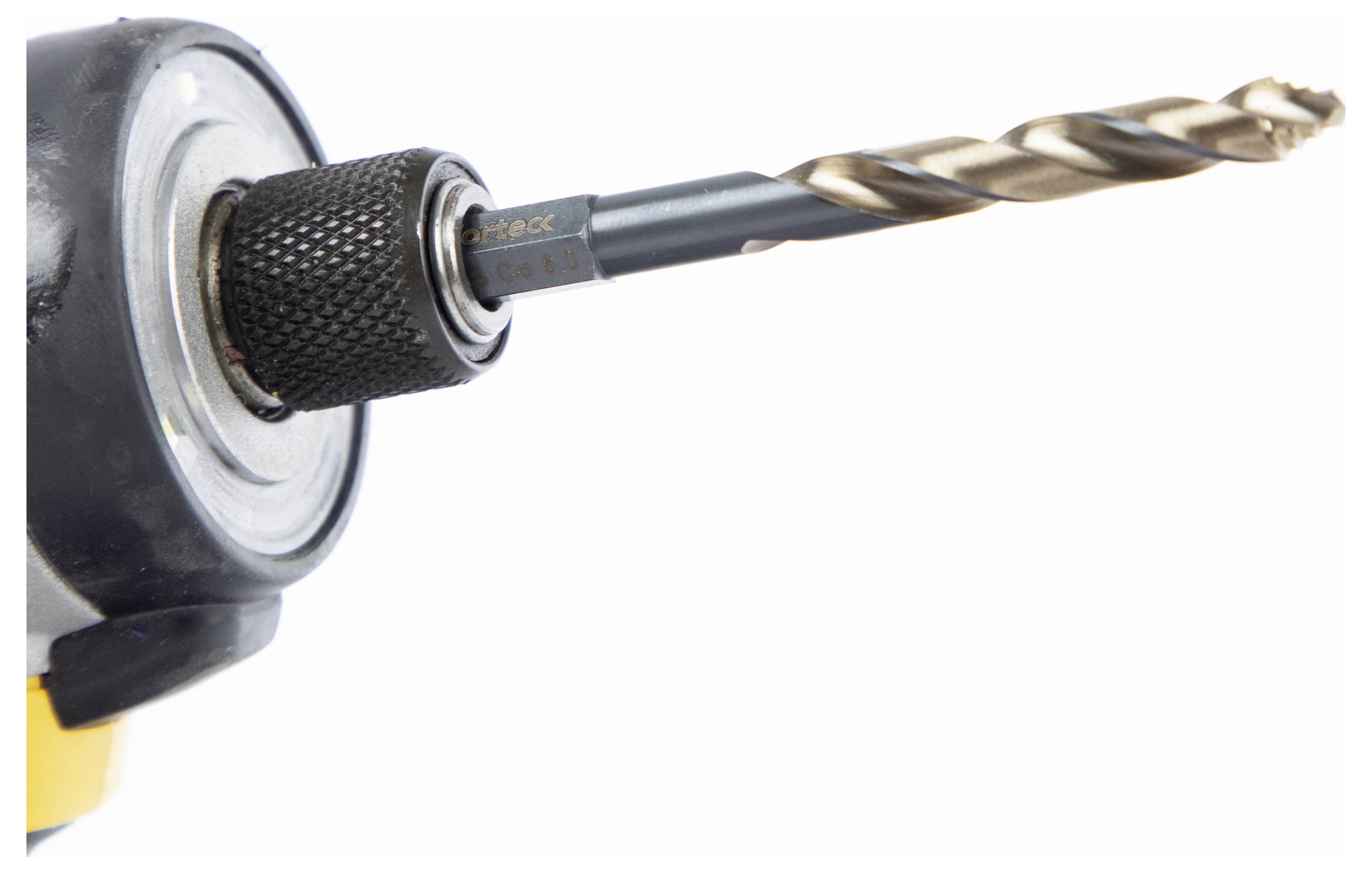 A drill with a metallic bit is shown, ready for use.