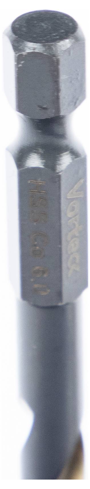 A close-up of a hex shank drill bit with a hexagonal socket end, designed for use with power tools.