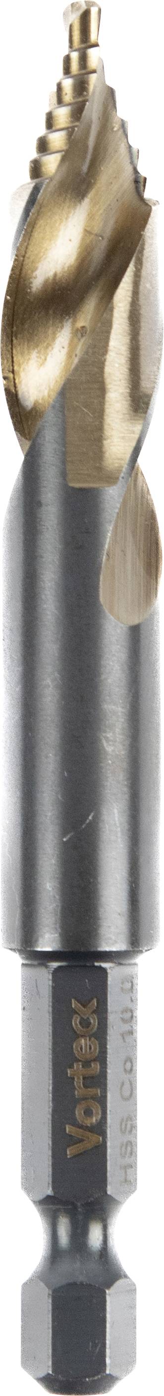 A metal drill bit with a spiral tip and a hex shank, used for making precise holes in various materials like wood or metal.