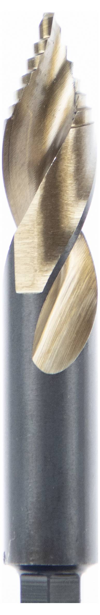 A metal step drill bit with a spiral flute design, showing sharp cutting edges for drilling holes in materials.