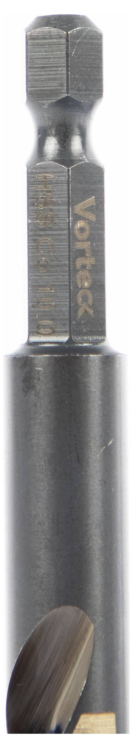 A metal drill bit with the brand name 'Vortex' etched on the side, featuring a hexagonal shank and spiral cutting edges.