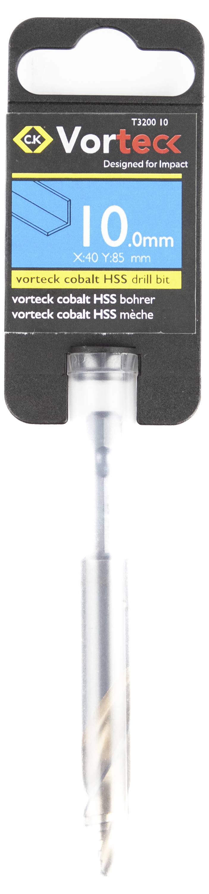 'Vorteck cobalt HSS drill bit, 10.0mm x 40mm, designed for impact use.' Package shows brand logo and drill bit image.