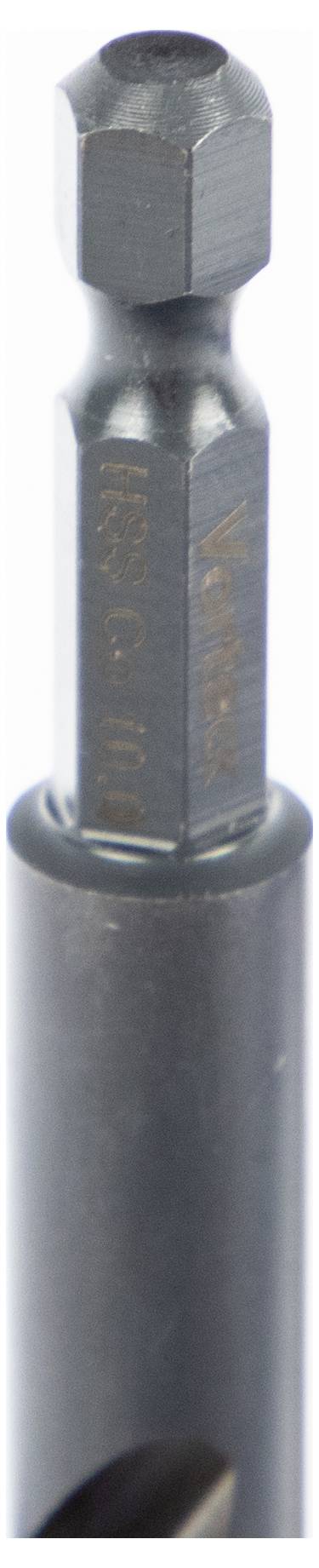 A black hex drill bit with a hexagonal shank and a cylindrical body, used for drilling or driving screws into various materials.