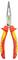 Insulated long-nose pliers with red and yellow handles, designed for electrical work; features include cutting edge and textured grips.