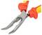 A pair of insulated needle-nose pliers with a red and yellow handle, featuring a long, pointed tip and a built-in wire cutter.