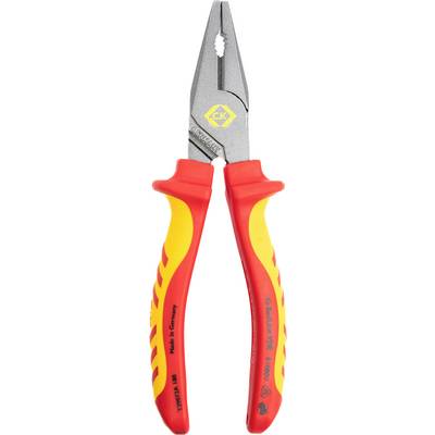 A pair of red and yellow insulated pliers with textured handles, showing brand and certification markings. Designed for electrical work.