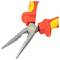 Red-handled needle-nose pliers with a yellow logo near the joint, designed for precise gripping or bending tasks.