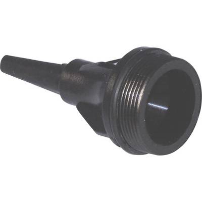 A black plastic threaded nozzle adapter with a tapered end, typically used for connecting hoses or pipes in various applications.