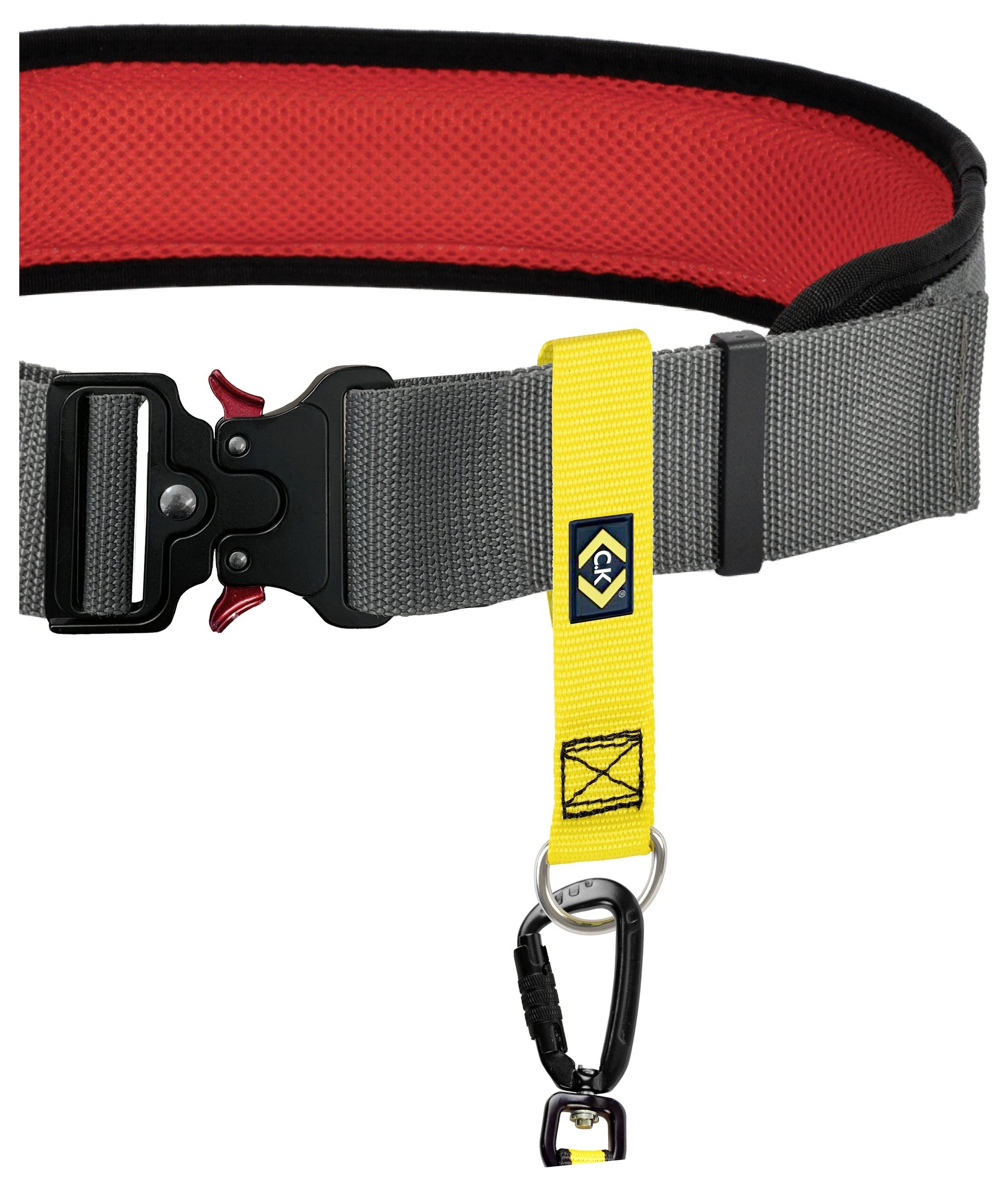 A grey safety belt with a black buckle and red interior, featuring a yellow strap with a carabiner for attachment, possibly for climbing or safety purposes.