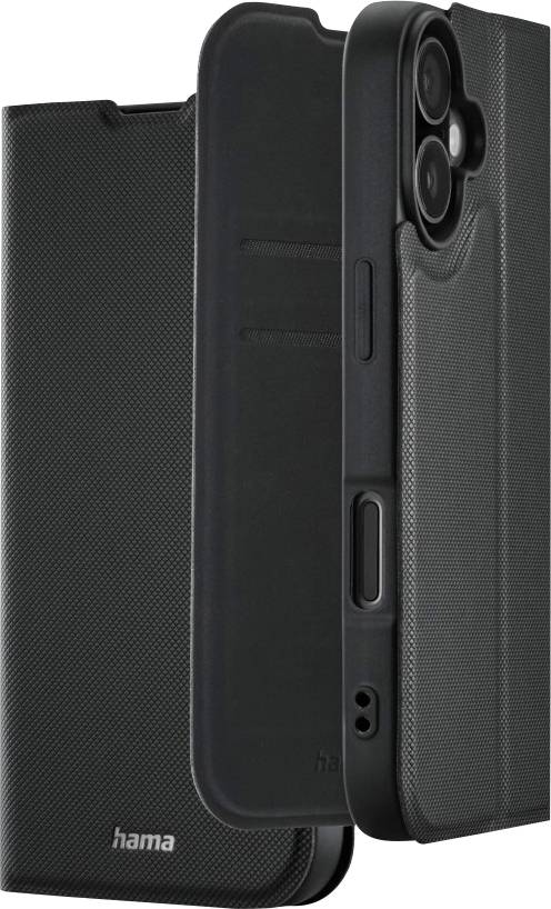 A black phone case with textured surface and two circular cutouts for camera lenses, standing upright with cover slightly open.