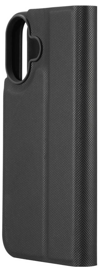 A black, textured phone case with a camera cutout viewed from the side, showing its raised edges and protective design.