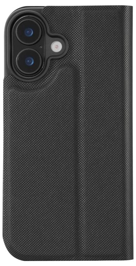 A black textured smartphone case with a cutout for dual camera lenses and a flash, designed for protection and a sleek appearance.