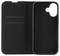 A black phone case with an open flap showing slots for cards on the left side. Suitable for a smartphone with a rear camera cutout.