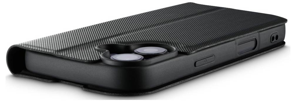 A black textured phone case with a flap, featuring precise cutouts for the camera lenses and buttons, lying on its side.