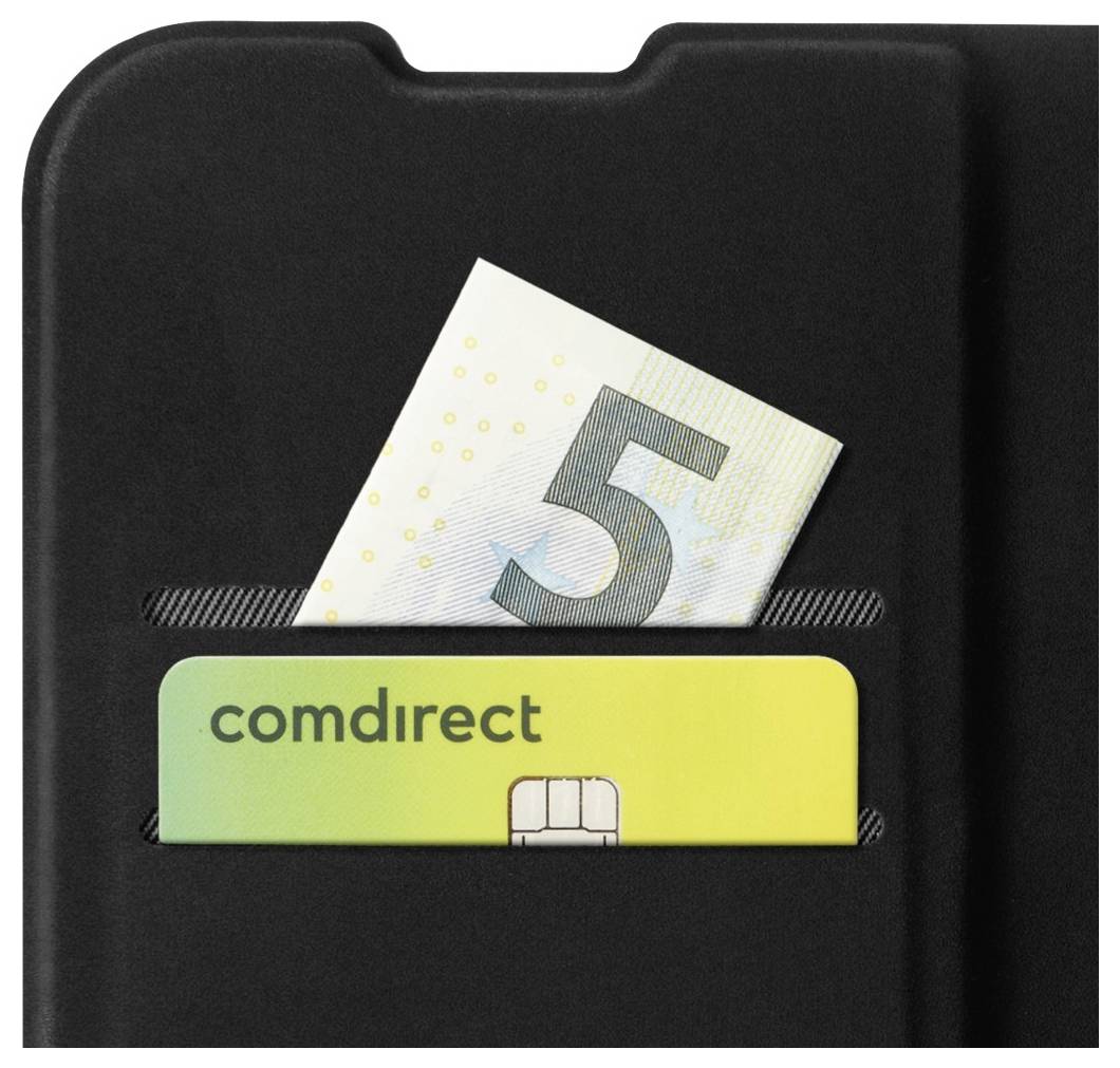 'A 5 euro note and a comdirect card are inserted in a black cardholder, partially visible from front, suggesting secure and organized storage.'