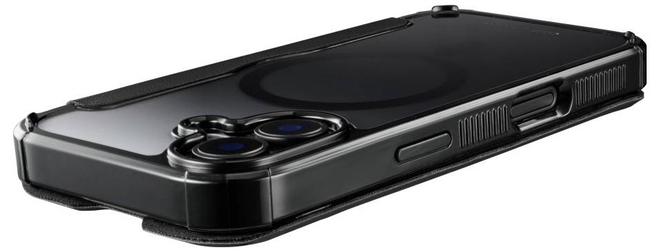 A smartphone with a sleek black protective case, featuring a prominent rear camera and side buttons, lying on its back.