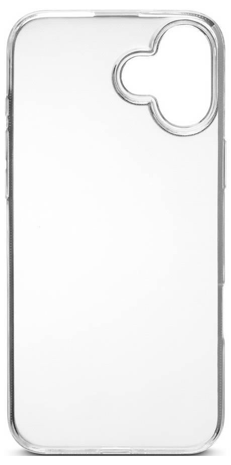 A smartphone with a clear protective case is shown from the back. The camera lenses and brand logo are visible.