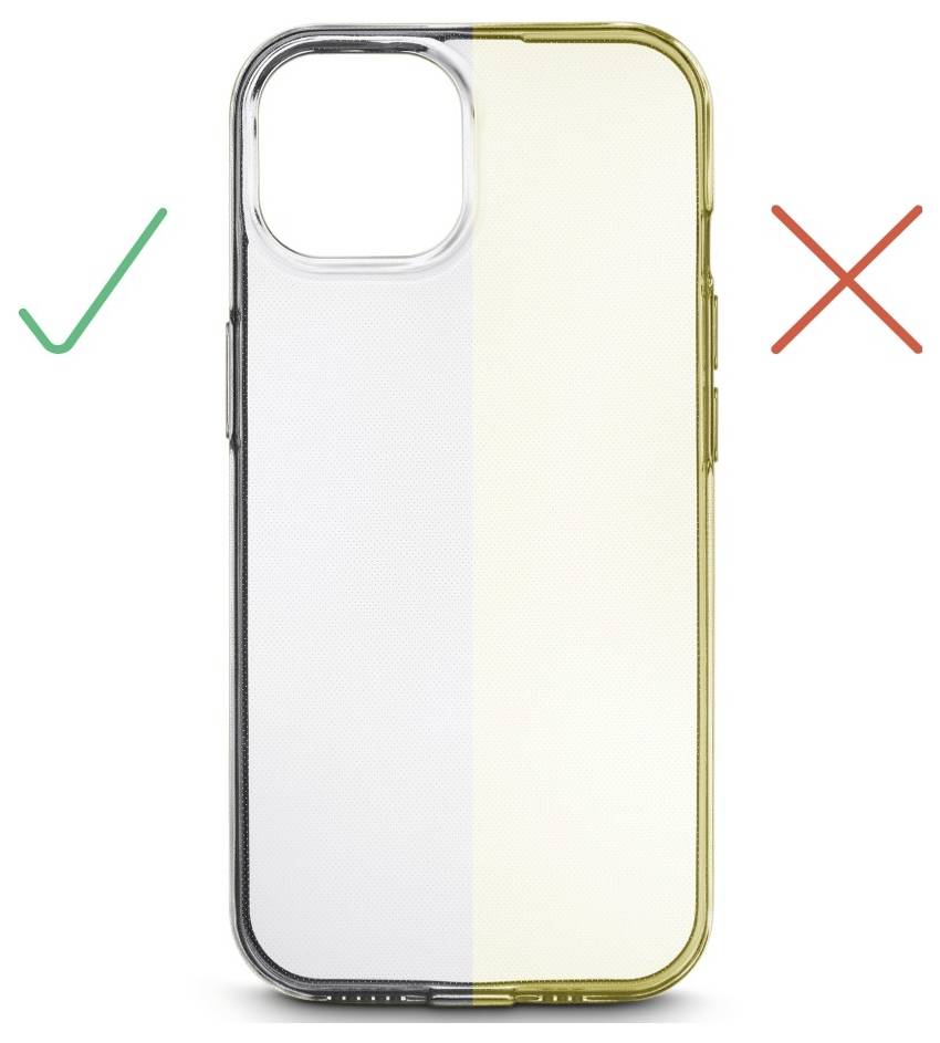 Phone case image comparing two halves: left half is clear and well-fitted with a green check mark; right half is yellowed with a red cross.