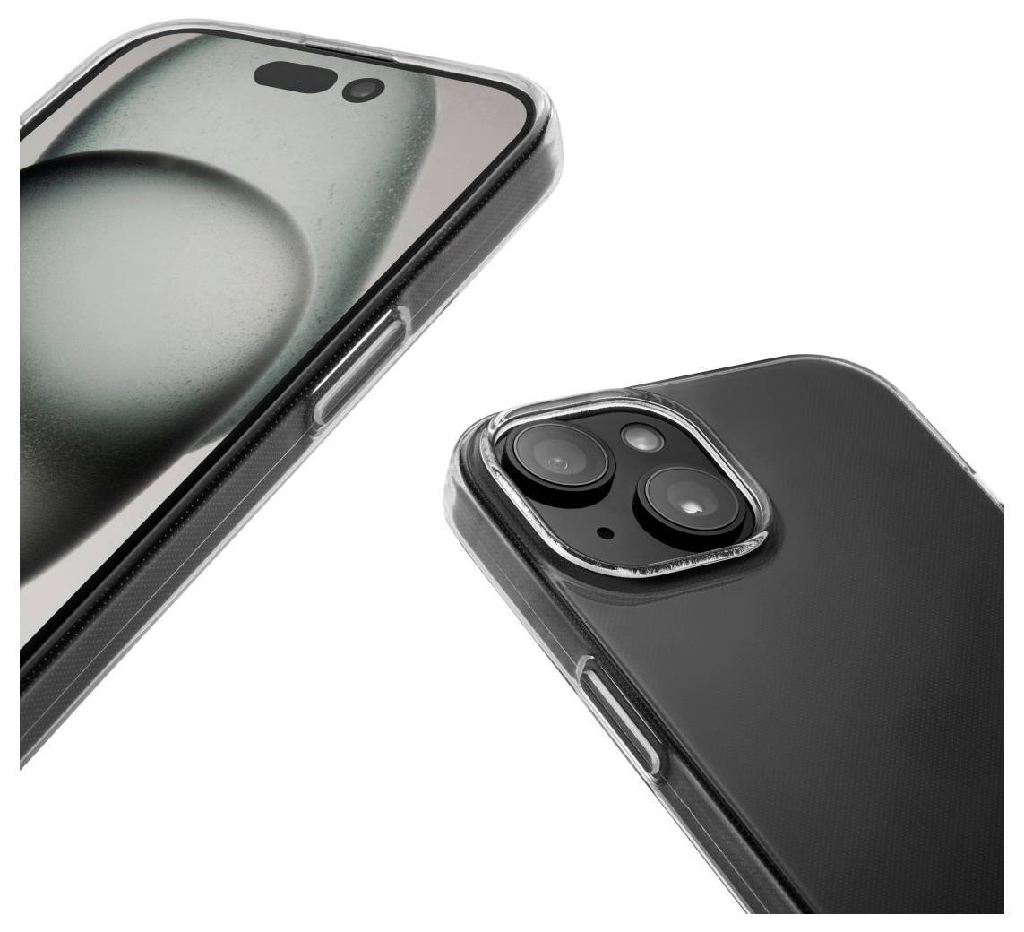 Front and back view of a modern smartphone with dual rear cameras in a transparent case.