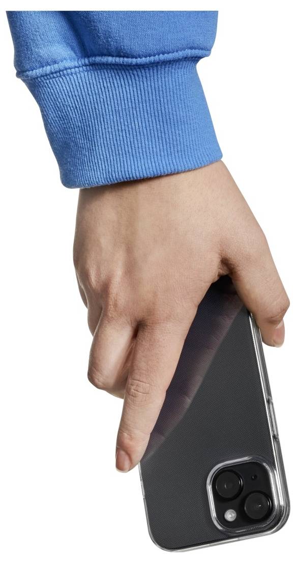 A hand in a blue sleeve holds a black smartphone with a clear case, viewed from above.