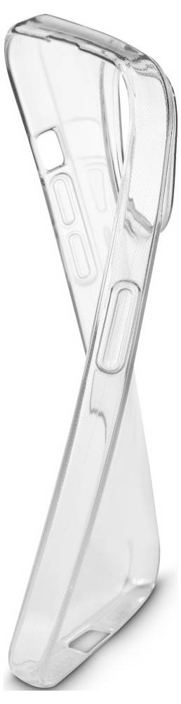 A transparent, flexible smartphone case standing upright, showcasing its protective edges and precision cutouts for buttons and ports.