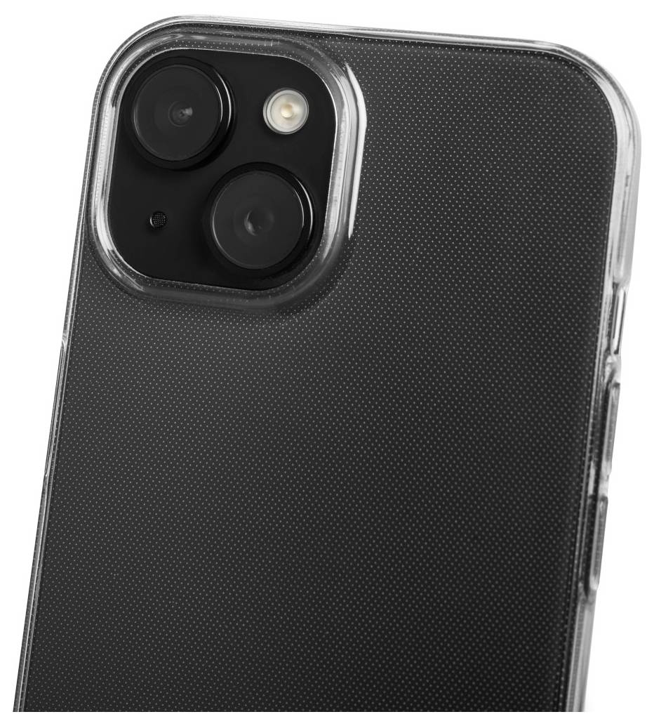 The image shows the back of a smartphone with a clear protective case, featuring a dual-lens camera and an LED flash in the top-left corner.