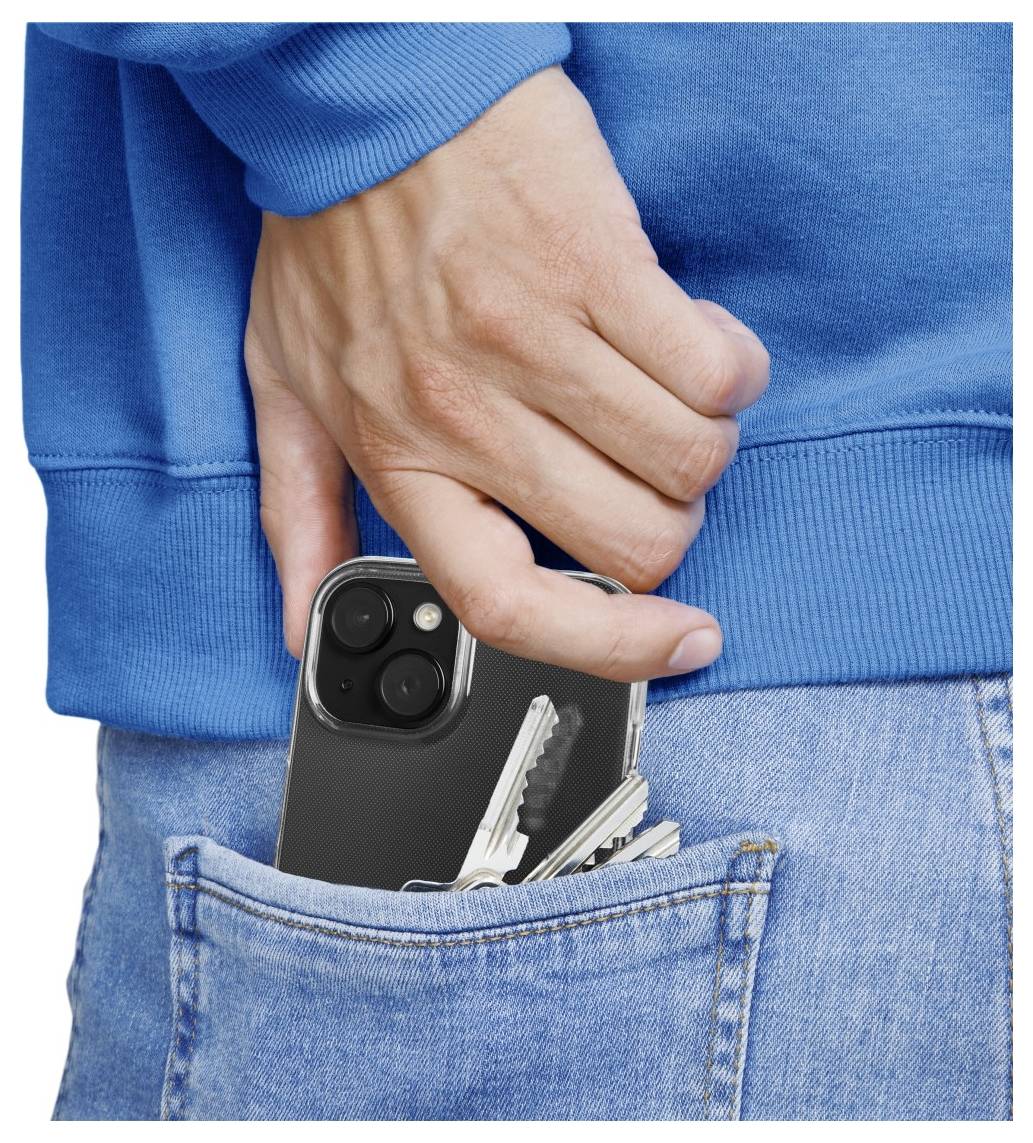 A person in a blue jacket places a smartphone and keys into the back pocket of their jeans, highlighting convenience and accessibility.