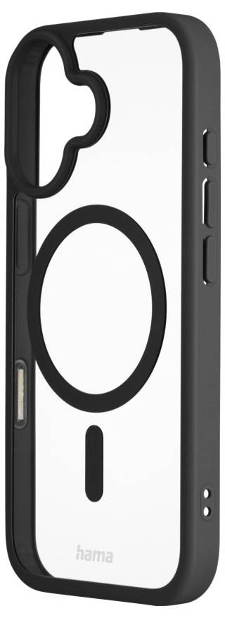 A clear smartphone case with a black border and large circular design on the back, designed for a device with side buttons and camera cutout.
