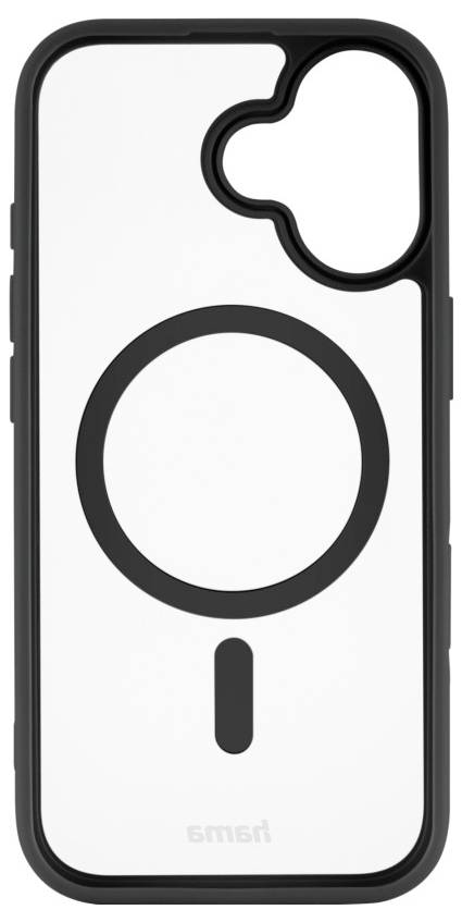 A smartphone case with a black border, white back, and a black circular design in the center, shaped to fit the camera and features.