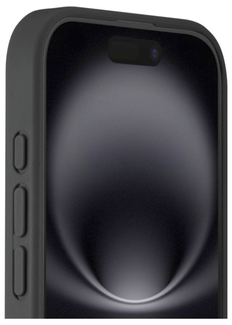 A clear iPhone case with black edges and a rounded cutout on the back for the camera lenses.