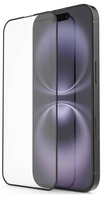 A smartphone with a visible screen protector partially covering the display, showcasing a glowing abstract wallpaper with circular patterns.