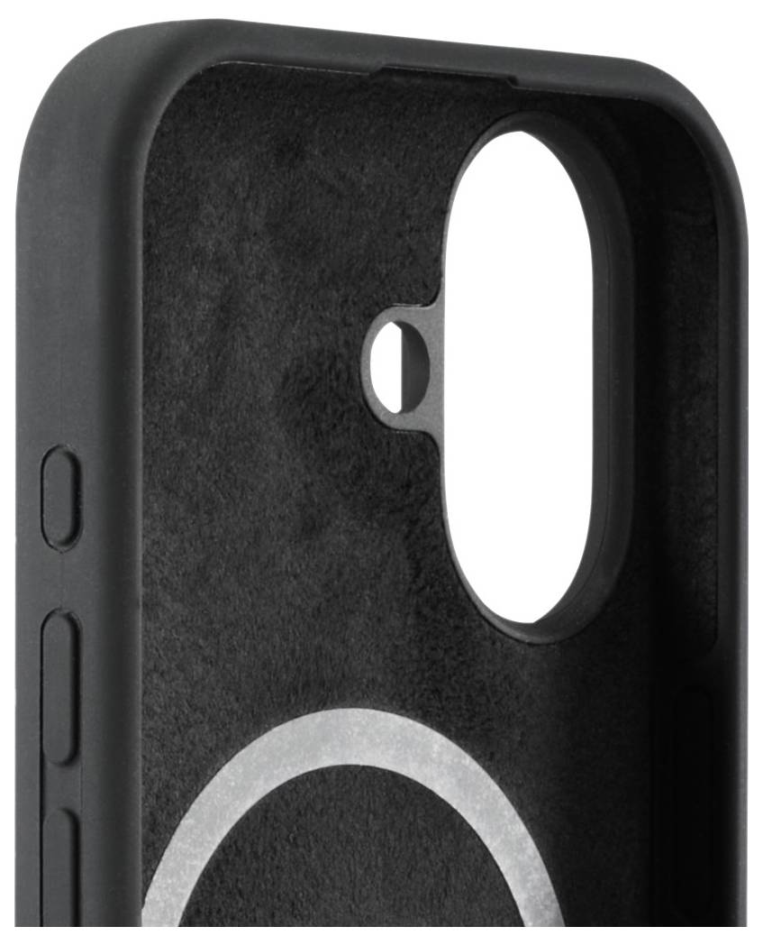A black phone case with a cutout for the camera lens, featuring a circular magnet pattern on the inside for attachment functionality.
