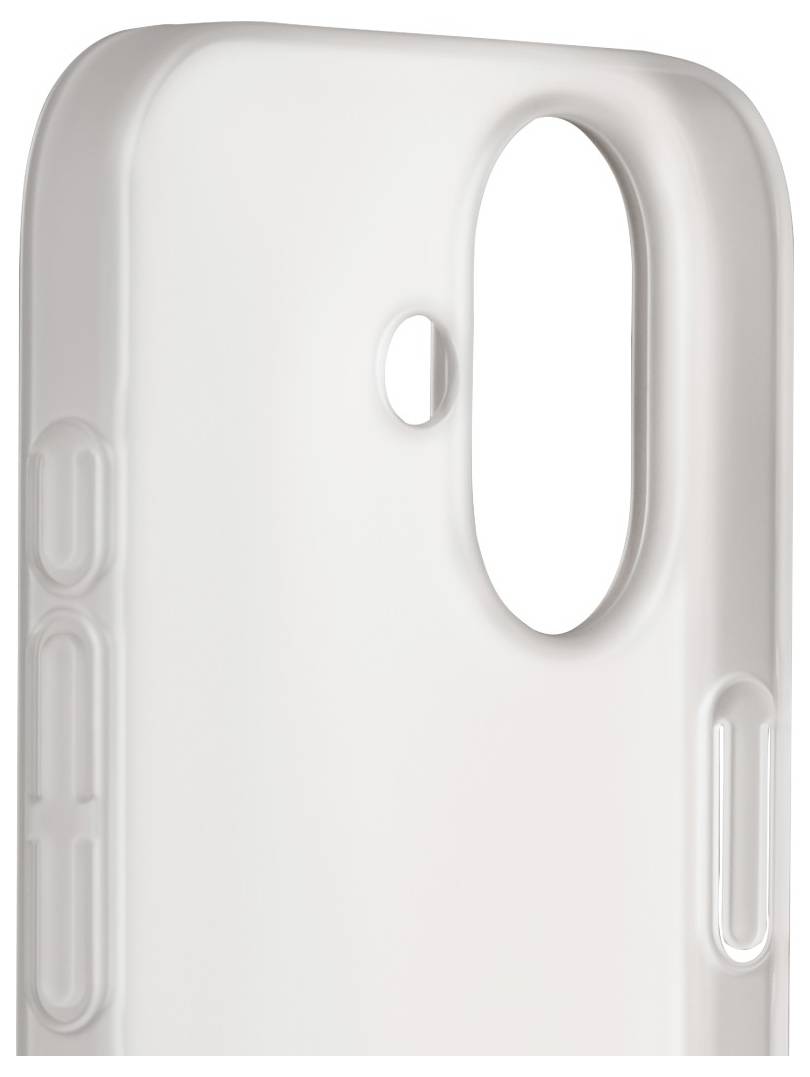 A white phone case displaying a cutout for the camera and a small button on the top left corner, featuring a sleek and minimalist design.