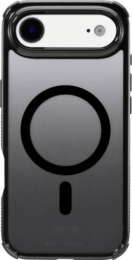 A black smartphone with a circular design on the back, housed in a protective case.
