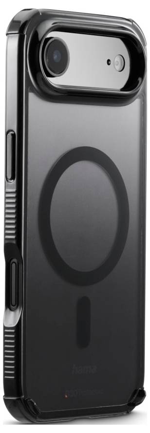 A black phone case with a transparent back features a MagSafe ring design and precise cutouts for buttons and camera on the side.