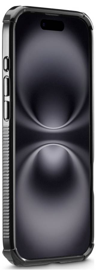 A sleek smartphone with a black case, featuring a dark abstract design on its screen. The phone has metallic sides and buttons.