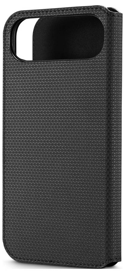 A black textured smartphone case designed for a dual-camera model, standing upright with a small cutout for the cameras.