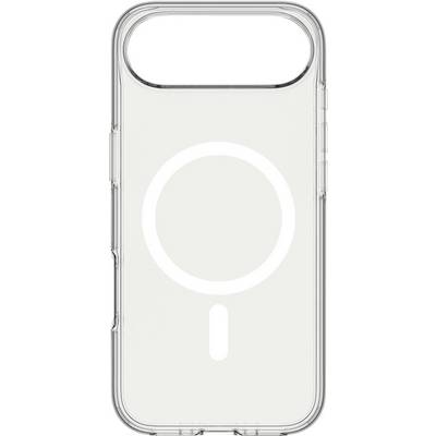A clear phone case for a device with a large camera cutout at the top and a circular interior pattern in the center.