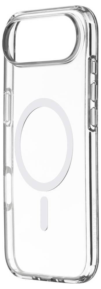 A clear protective phone case designed for an iPhone, featuring a circular MagSafe alignment graphic on the back.
