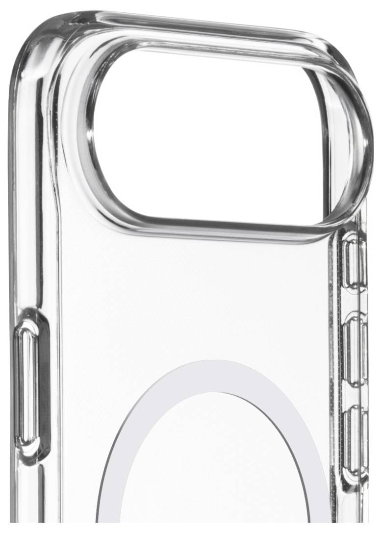 Transparent phone case with rounded edges, featuring a large camera cutout and a circular MagSafe area on the back.