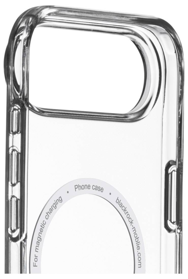 A clear phone case with a circular area marked for magnetic charging, labeled 'Phone case' and 'blackrock-mobile.com' on the back.