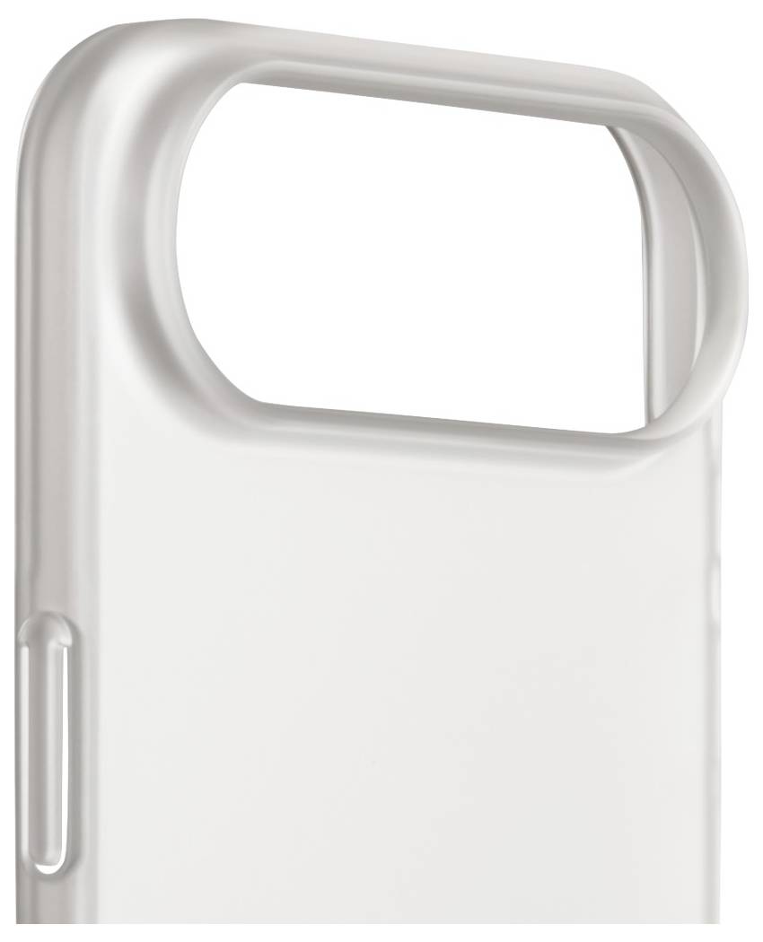 A close-up image of a white phone case highlighting its large camera cutout and side button detail, emphasizing its sleek, minimalist design.