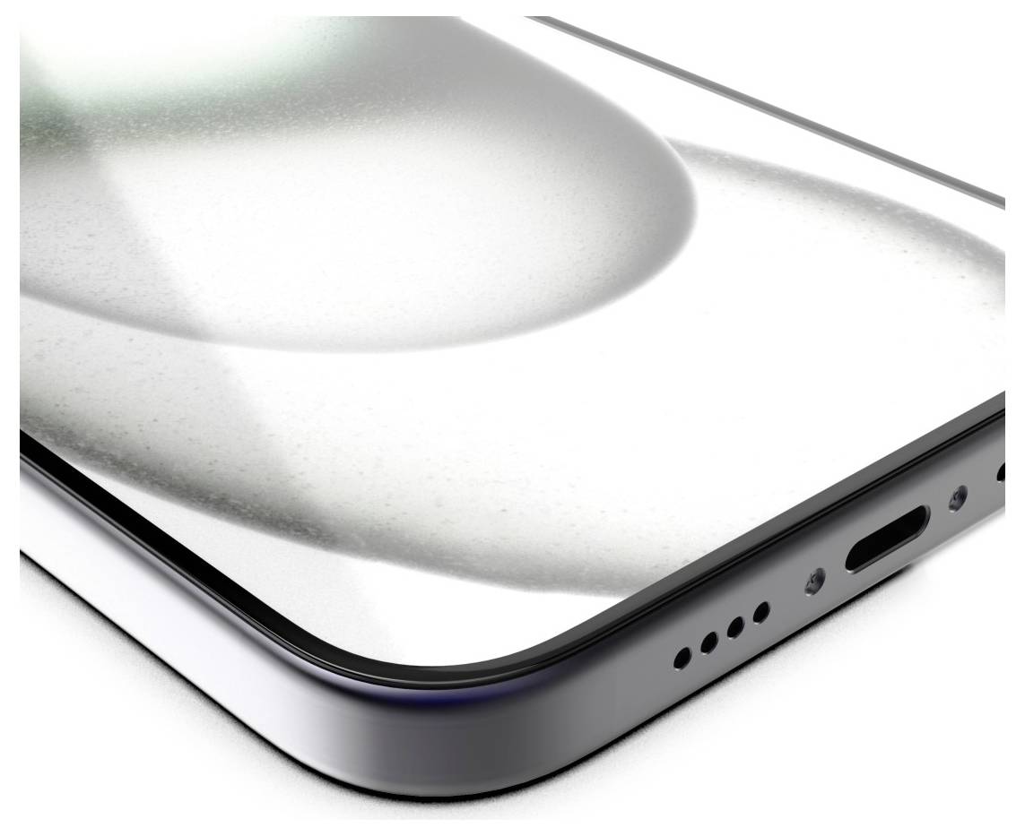 Close-up of a sleek smartphone corner highlighting the speaker grille, charging port, and seamless glass screen.